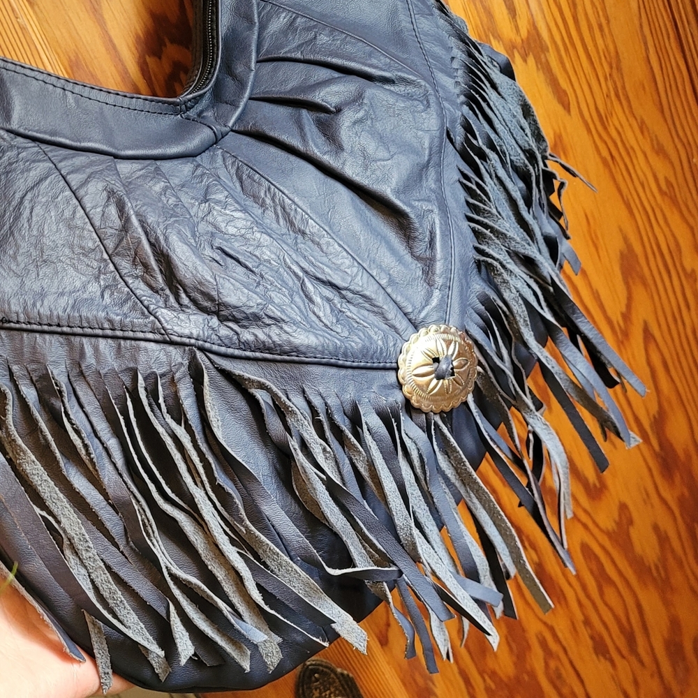 Vintage Blue Leather Fringe Shoulder Bag - Picture 3 of 14